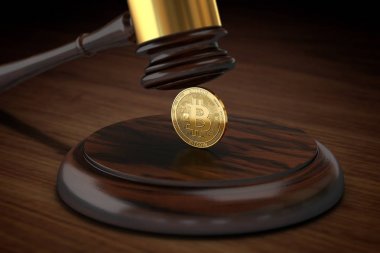 Yargıç çekiç Bitcoin kırma. Bitcoin'ın uğursuz yasal durum kavramı. 3D render