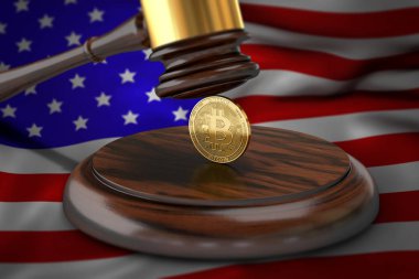 ABD bayrağı üzerinde döşeme Bitcoin ve yargıç tokmak. Bitcoin ABD kavramı yasal durumda. 3D render