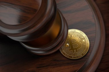 Yargıç tokmak ve Bitcoin. Bitcoin tüccarlar vergi sorunları kavramı. 3D render
