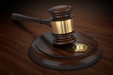 Yargıç çekiç karşı ahşap yüzeyde döşeme Bitcoin. Dolandırıcılık Bitcoins kavramı ile gerçekleştirilen. 3D render