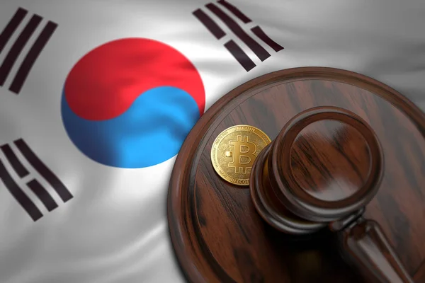 Bitcoin Judge Gavel Laying Flag South Korea Bitcoin Legal Situation — Stock Photo, Image