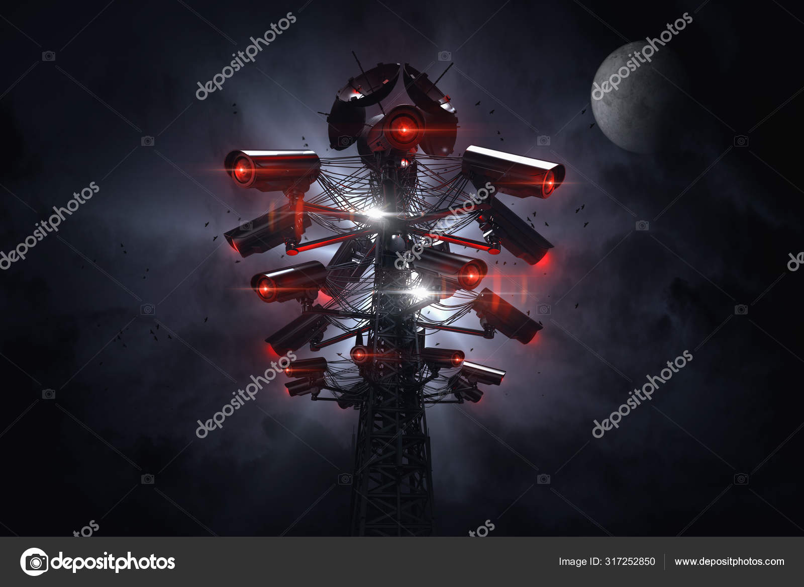 Herunterladen - Turm oder Pylon mit vielen Videokameras, die die nähere Umgebung überwachen. Zukunft mit ständiger Überwachung eines Konzepts für künstliche Intelligenz und soziales Kreditsystem. 3D-Darstellung — Stockbild Turm oder Pylon mit vielen Videokameras, die die nähere Umgebung überwachen. Zukunft mit ständiger Überwachung eines Konzepts für künstliche Intelligenz und soziales Kreditsystem. 3D-Darstellung — Stockfoto