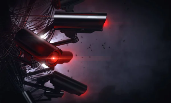 Überwachungskameras mit künstlicher Intelligenz zeichnen Gesichter und Autokennzeichen auf. Zukunft mit ständiger Überwachung und Sozialkreditkonzept. Kopierraum. 3D-Darstellung — Stockbild Zukunft mit ständiger Überwachung und Sozialkreditkonzept. — Stockfoto