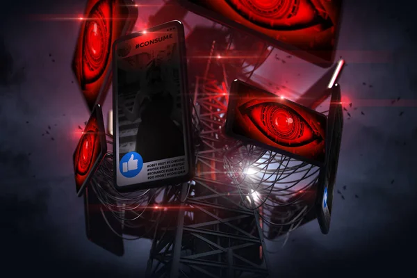 Soziale Medien als Möglichkeit für Hacker, Identität, Daten, Geld zu stehlen oder Trojaner oder Viren zu injizieren. Netzwerk Gefahren Konzept. 3D-Darstellung — Stockbild Soziale Medien als Möglichkeit für Hacker, Identität, Daten, Geld zu stehlen oder Trojaner oder Viren zu injizieren. Netzwerk Gefahren Konzept. 3D-Darstellung — Stockfoto