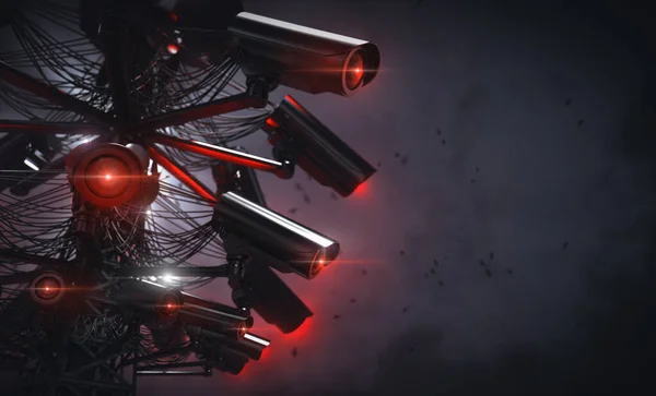 Turm oder Pylon mit vielen Videokameras, die Gesichter von Menschen in der Nähe, Autokennzeichen und so weiter scannen. Kopierraum inklusive. Zukunft mit ständiger Überwachung und Sozialkreditkonzept. 3D-Darstellung — Stockbild Turm oder Pylon mit vielen Videokameras, die Gesichter von Menschen in der Nähe, Autokennzeichen und so weiter scannen. Kopierraum inklusive. Zukunft mit ständiger Überwachung und Sozialkreditkonzept. 3D-Darstellung — Stockfoto