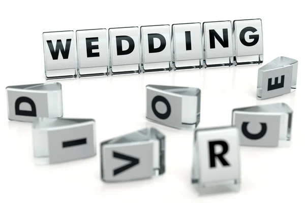 DIVORCE word written on glossy blocks and fallen over blurry blocks with WEDDING letters, isolated on white. Many weddings leads to divorces - concept for articles, magazines or blogs. 3D rendering — Stock Photo, Image