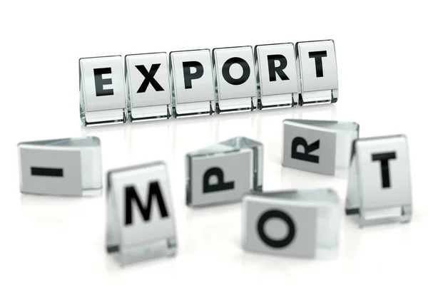 EXPORTAR palabra escrita en bloques brillantes y cayó sobre bloques borrosos con letras IMPORTAR. Aislado sobre blanco. Exportación superior a la importación - concepto para artículos, revistas, blogs. Renderizado 3D —  Fotos de Stock