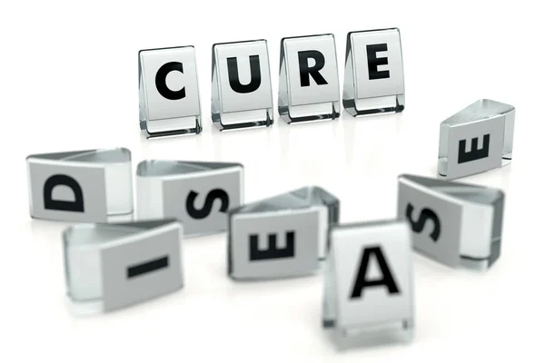 用光滑的方块写的、用疾病字母写在模糊的方块上的"治愈"字。 被白色隔离了 治疗可以战胜或治愈疾病-概念。 对于文章，杂志，博客。 3d渲染 图库图片