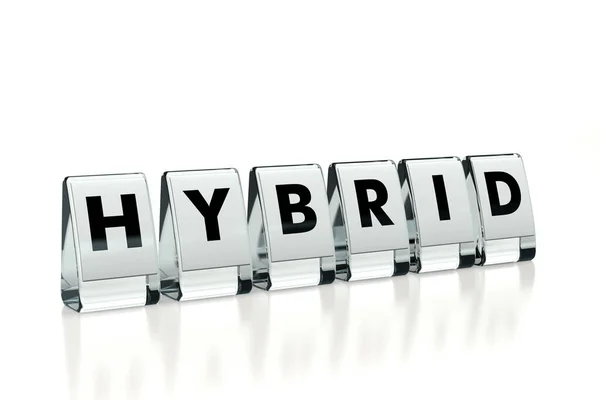 Hybridwort geschrieben auf Hochglanzblöcken isoliert auf weißem Hintergrund. Hybridtechnologie wird mit jedem Jahr beliebter - Konzept. 3D-Darstellung Stockfoto