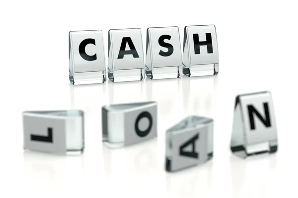 CASH word written on glossy blocks and fallen over blurry blocks with LOAN letters, isolated on white background. It's better to have cash then take a loan concept for articles or blogs. 3D rendering Royalty Free Stock Photos