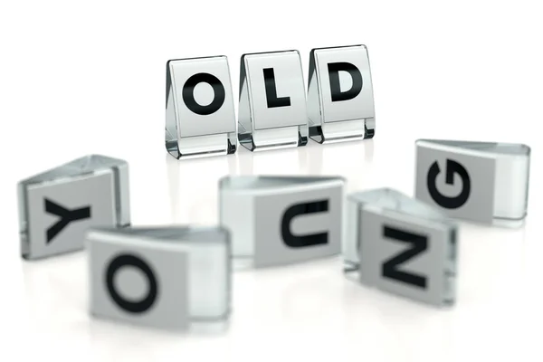 OLD word written on glossy blocks and fallen over blurry blocks with YOUNG letters, isolated on white background. Old means more experienced than young - concept for articles or blogs. 3D rendering Stock Image