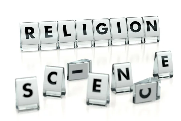 RELIGION word written on glossy blocks and fallen over blurry blocks with SCIENCE letters, isolated on white background. Religion and religious values over science - concept. 3D rendering Stock Picture