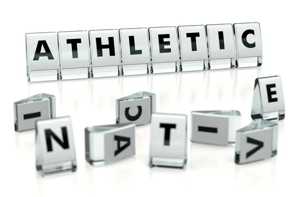 ATHLETIC word written on glossy blocks and fallen over blurry blocks with INACTIVE letters, isolated on white background. Start sport activities, get in shape and be athletic - concept. 3D rendering ストック画像