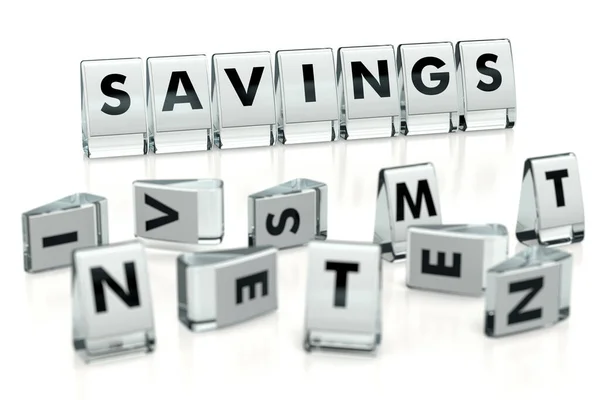 SAVINGS word written on glossy blocks and fallen over blurry blocks with INVESTMENT letters, isolated on white background. Is it better to save in cash or make an investment - concept. 3D rendering ストック画像