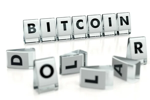 BITCOIN word written on blocks and fallen over blurry blocks with DOLLAR letters. Isolated on white. The most popular cryptocurrency Bitcoin rivals dollar - concept for articles, blogs. 3D rendering ストック画像