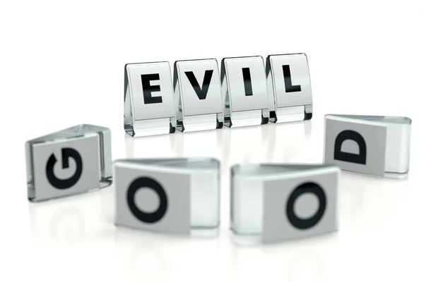 EVIL word written on glossy blocks and fallen over blurry blocks with GOOD letters, isolated on white background. When evil wins, bad things happens - concept for articles or blogs. 3D rendering Royalty Free Stock Photos