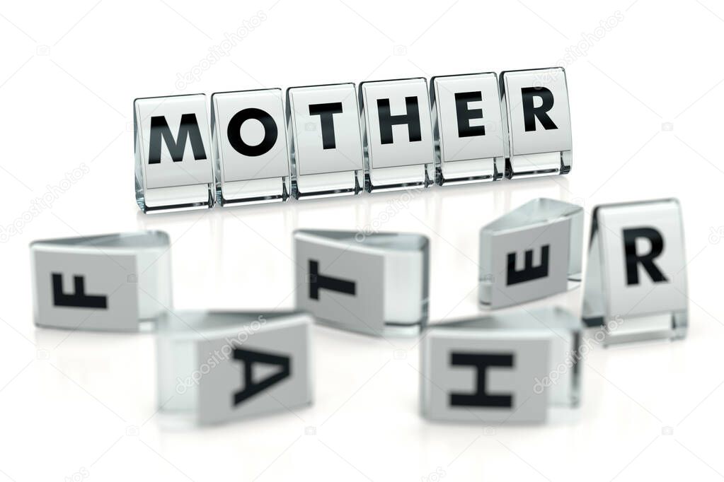 MOTHER word written on glossy blocks and fallen over blurry blocks with FATHER letters. Isolated on white. The courts favor mothers, not fathers - concept for articles, magazines, blogs. 3D rendering