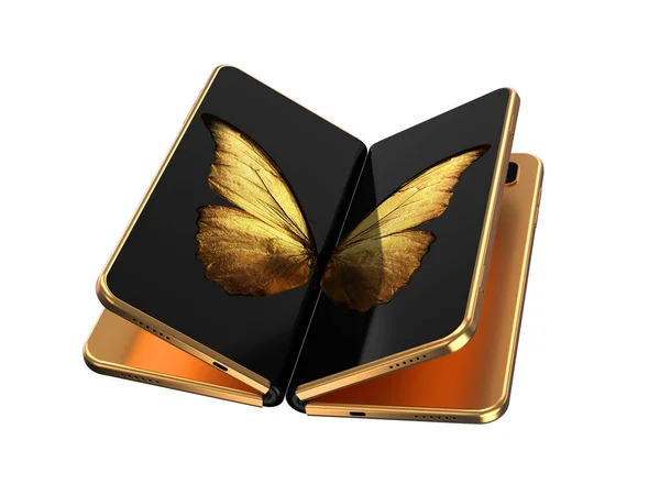 Konzept von zwei faltbaren Smartphone gefaltet und nebeneinander mit goldenem Schmetterlingsbild auf Bildschirmen platziert. flexibles Smartphone isoliert auf weißem Hintergrund. 3D-Darstellung lizenzfreie Stockbilder