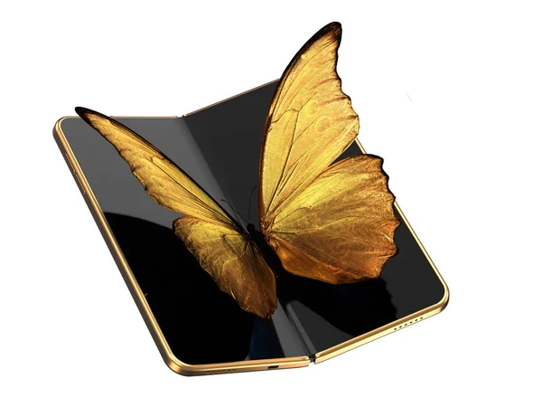 画面上に座って黄金の蝶と長い側に折り畳み式のスマートフォンの折り畳み式の概念。白い背景に隔離された柔軟なスマートフォン。3Dレンダリング ストック画像