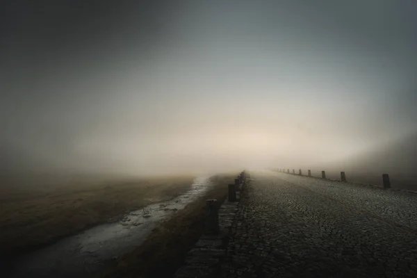 Gotthard pass İsviçre tepeye puslu bir yolda bir resim