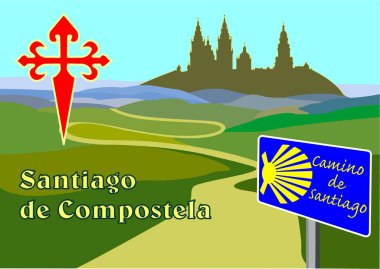 St James yolu, Santiago de Compostela, Santiago kilise ve bir yol işaret silueti ile coutryside ve görmek için İspanyol hac.