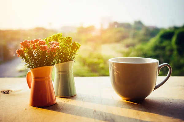 Taza de café y maceta en la cubierta de madera . — Foto de stock