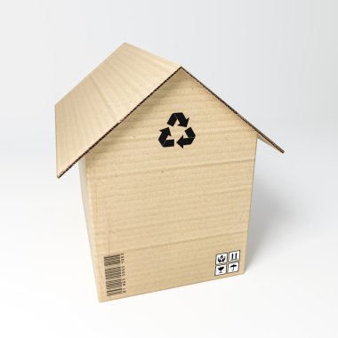 Beyaz arka plan üzerinde izole karton ev 3D çizimi