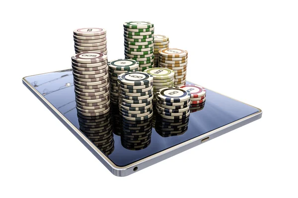 Ilustração 3d de fichas de poker em um tablet moderno isolado em fundo branco — Fotografia de Stock