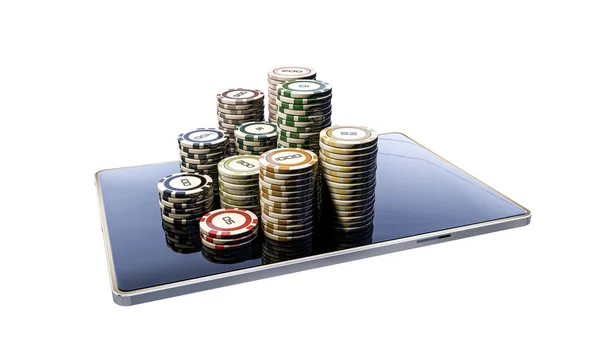 Illustration 3D de jetons de poker sur une tablette moderne isolée sur fond blanc — Photo