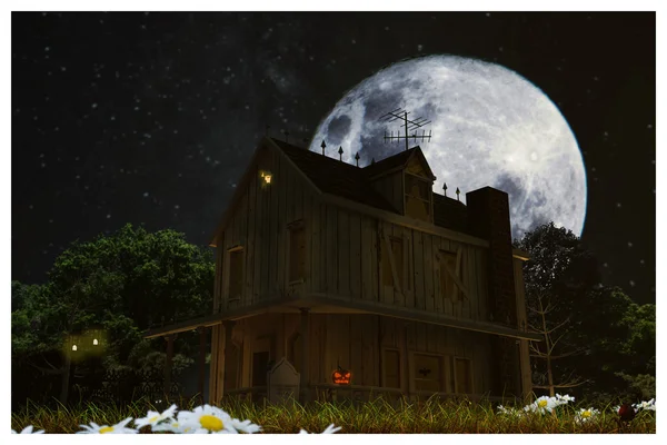 3d illustration of a creepy house with halloween pumpkin under the porch — Stock fotografie