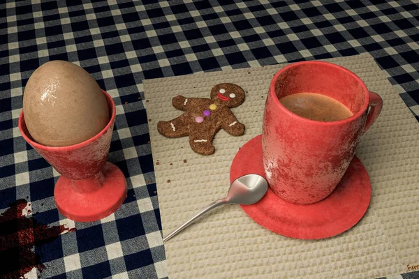 卵、コーヒーの広告かわいいジンジャーブレッド人で台所のテーブルの 3 d イラストレーション — ストック写真