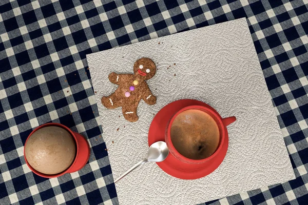 3d ilustración de una mesa de cocina con huevo, anuncio de café un hombre de jengibre lindo — Foto de Stock