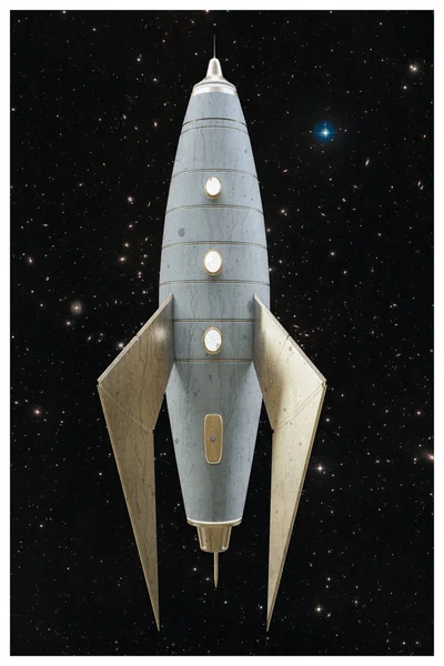 Ilustração 3d de um foguete espacial em um velho cartão postal — Fotografia de Stock