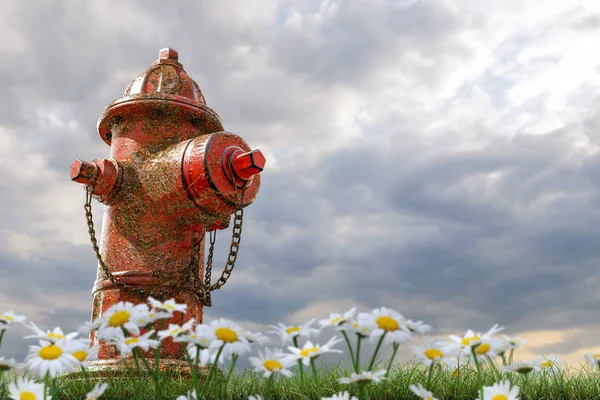 3D illustratie van een roestige brandkraan op groen gras — Stockfoto