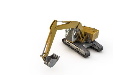 Beyaz arka plan üzerinde izole bir ekskavatör 3D çizimi