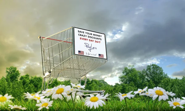 Ilustración 3d de un carrito de compras en hierba verde — Foto de Stock