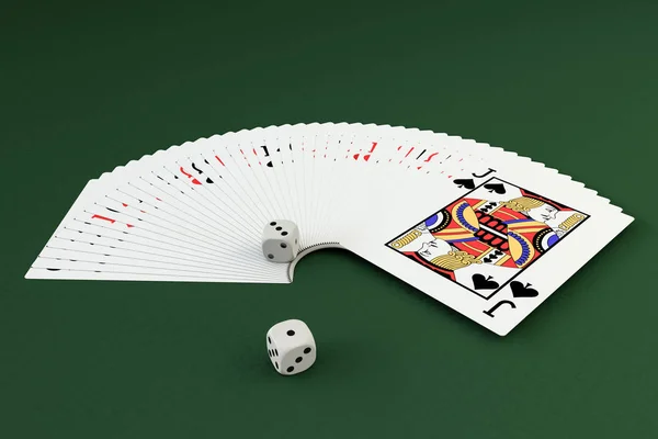 3D Illustration von Pokerkarten und Würfeln isoliert auf grünem Hintergrund — Stockfoto