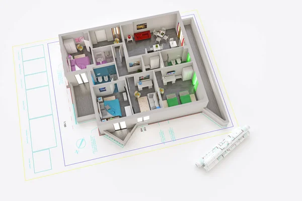Bir mimari planından kalıptan çekilmiş bir ve mobilyalı daire modern 3D çizimi — Stok fotoğraf