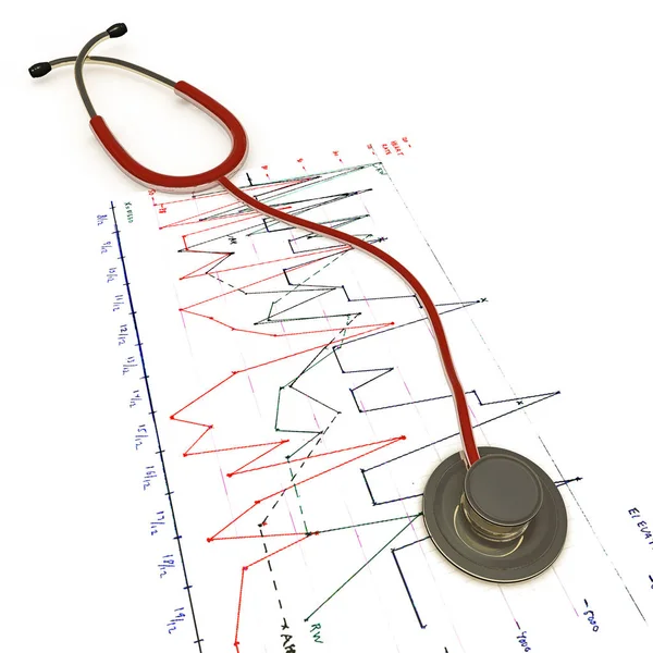 Ilustración 3d de un estetoscopio rojo en los resultados de la prueba de ecg aislados sobre fondo blanco —  Fotos de Stock