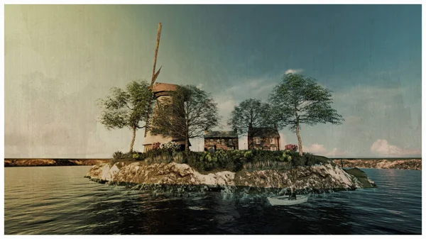작은 섬에 풍차의 3d 그림 — 스톡 사진