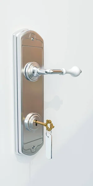 3D illustratie van een deurklink met de sleutel van de deur — Stockfoto