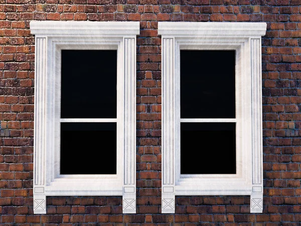 3D illustratie van witte windows op bakstenen muur — Stockfoto