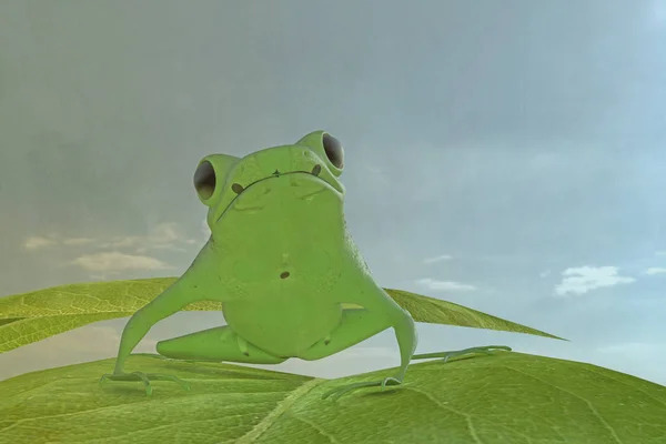 3D illustratie van een kikker op een groen blaadje — Stockfoto