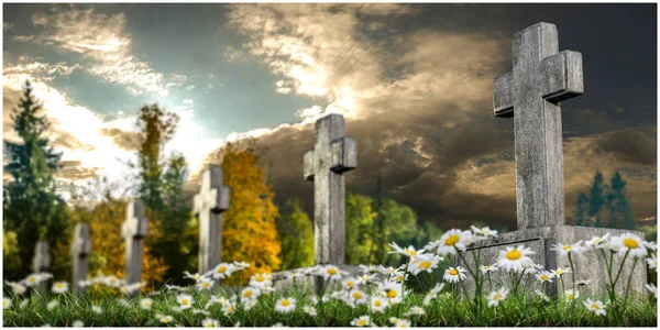3D obrázek hrobů na zelené trávě — Stock fotografie
