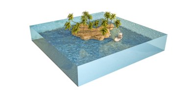 Beyaz arka plan üzerinde izole tropikal bir ada 3D çizimi