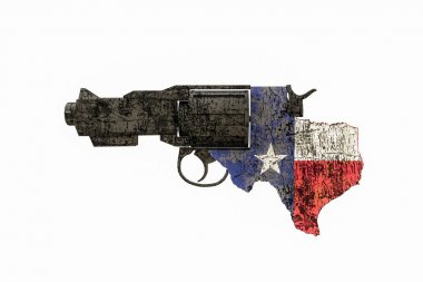 Beyaz arka plan üzerinde izole Texas bayrak ile paslı silah 3D çizimi