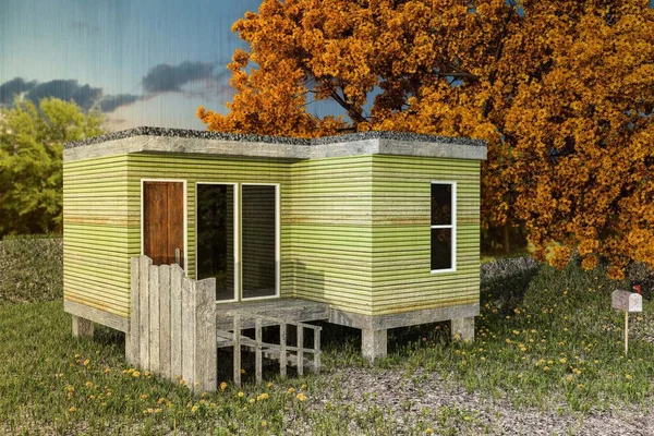3D ilustracja modułowe domu na zielone pola — Zdjęcie stockowe