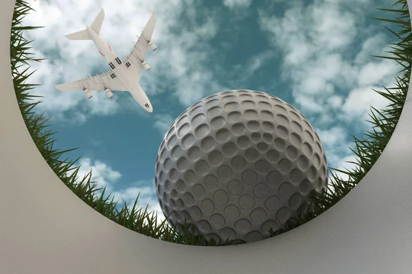 3D illustratie van een golfbal terwijl het naderen van gat — Stockfoto