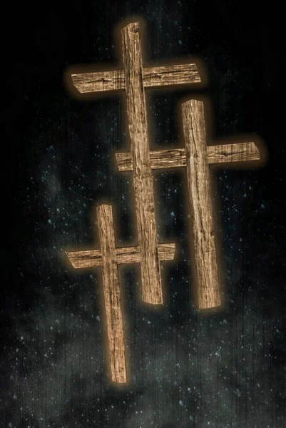 3D illustration av trä kors i den mörka himlen — Stockfoto