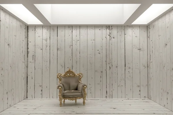 Illustrazione 3D di una poltrona regale in una stanza di legno bianca — Foto Stock
